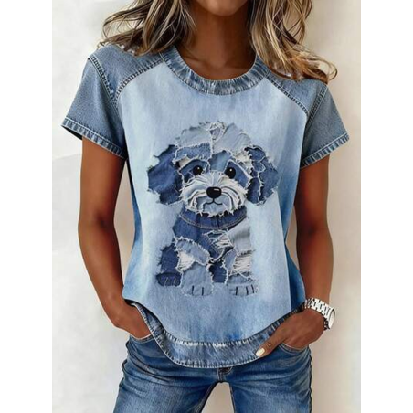Women Dog Short Sleeve Tee T-shirt Crew Neck Printing Vintage Summer Top