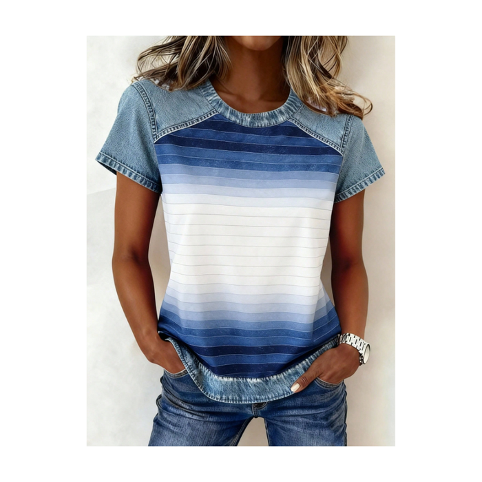 Women Striped Short Sleeve Tee T-shirt Crew Neck Printing Vintage Summer Top