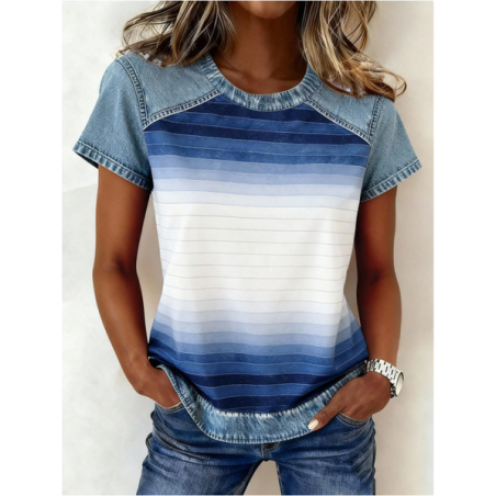 Women Striped Short Sleeve Tee T-shirt Crew Neck Printing Vintage Summer Top