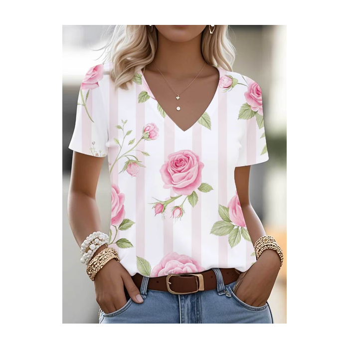 Women Striped Short Sleeve Tee T-shirt V Neck Printing Vintage Summer Top