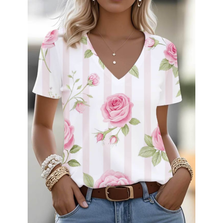 Women Striped Short Sleeve Tee T-shirt V Neck Printing Vintage Summer Top