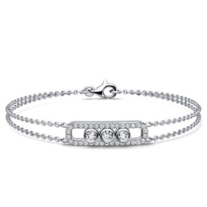 Italo Bezel Set Three Stone Decorated Double Chain Bracelet For Women