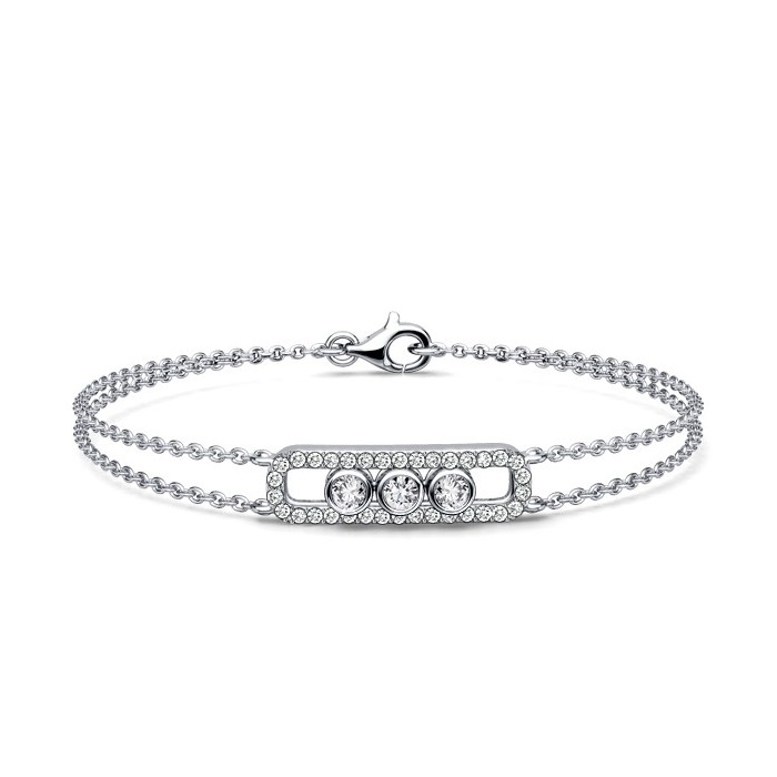 Italo Bezel Set Three Stone Decorated Double Chain Bracelet For Women