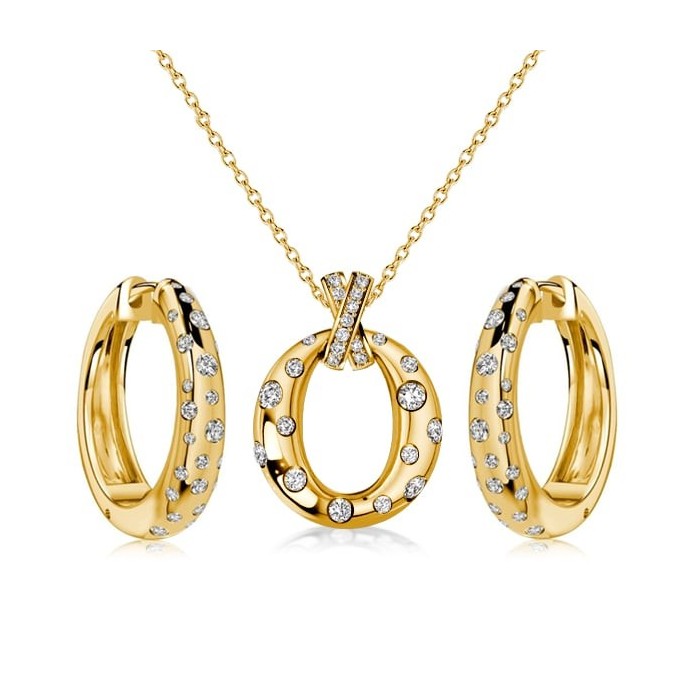 Italo Waterfall Flush Setting Round Cut Earrings & Necklace Jewelry Set