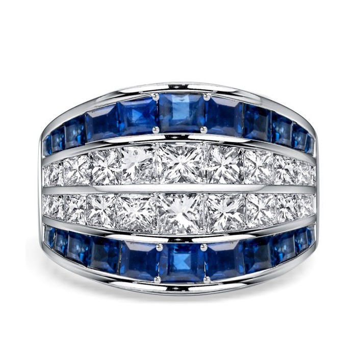 Italo Channel-set Asscher & Princess Cut Blue & White Sapphire Cigar Band Ring