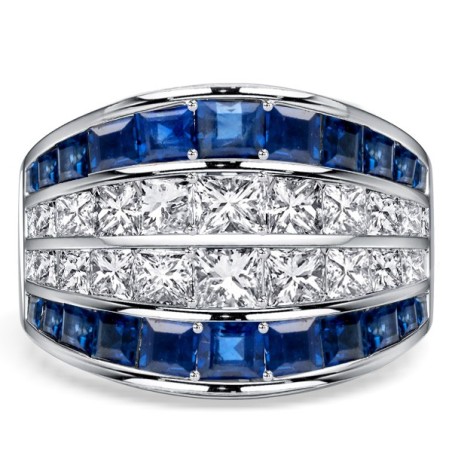 Italo Channel-set Asscher & Princess Cut Blue & White Sapphire Cigar Band Ring