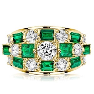 Italo Triple Row Round & Asscher Cut Emerald Green Wedding Band For Women