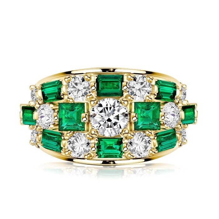 Italo Triple Row Round & Asscher Cut Emerald Green Wedding Band For Women