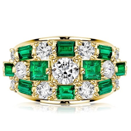 Italo Triple Row Round & Asscher Cut Emerald Green Wedding Band For Women
