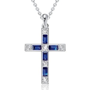 Italo Baguette Cut Blue Sapphire Silver Cross Necklace For Women