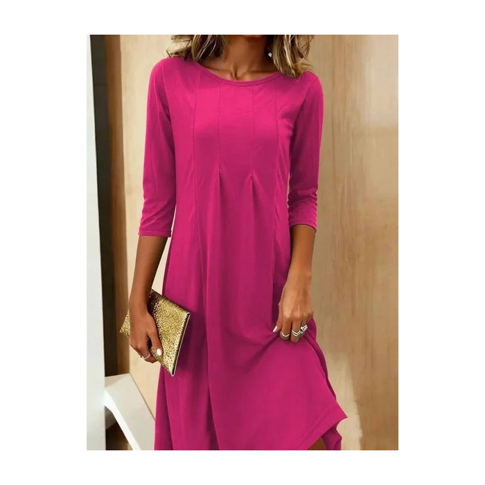 Women Plain Three Quarter Sleeve Spring/Fall Split Joint Dress Crew Neck Daily Casual Midi Tunic A-Line Dress