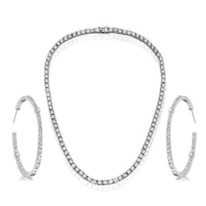 Italo Round Cut White Sapphire Necklace & Hoop Earrings Jewelry Set