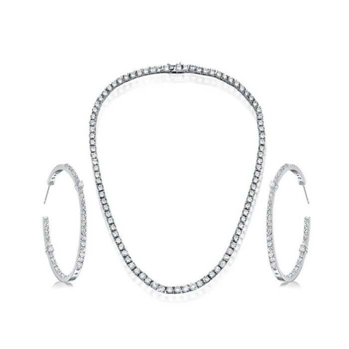 Italo Round Cut White Sapphire Necklace & Hoop Earrings Jewelry Set