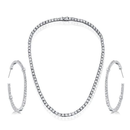 Italo Round Cut White Sapphire Necklace & Hoop Earrings Jewelry Set
