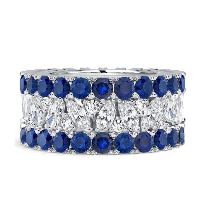 Italo Multi Row Marquise & Round Cut White & Blue Sapphire Wedding Band For Women