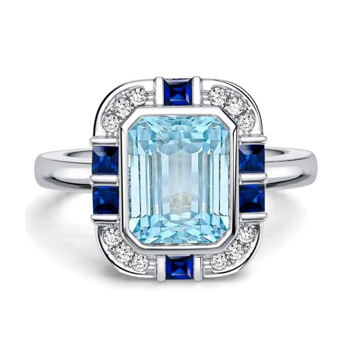 Italo Bezel 2.5 Carat Emerald Cut Aquamarine Ring Vintage Engagement Ring For Women