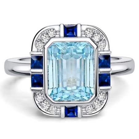 Italo Bezel 2.5 Carat Emerald Cut Aquamarine Ring Vintage Engagement Ring For Women