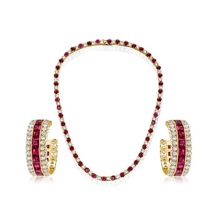 Italo Golden Asscher & Round Cut Ruby Earrings & Necklace Jewelry Set