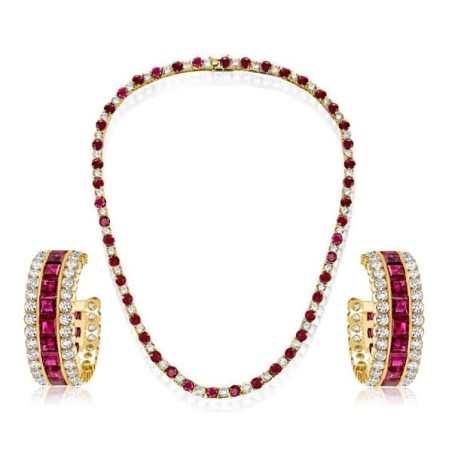 Italo Golden Asscher & Round Cut Ruby Earrings & Necklace Jewelry Set