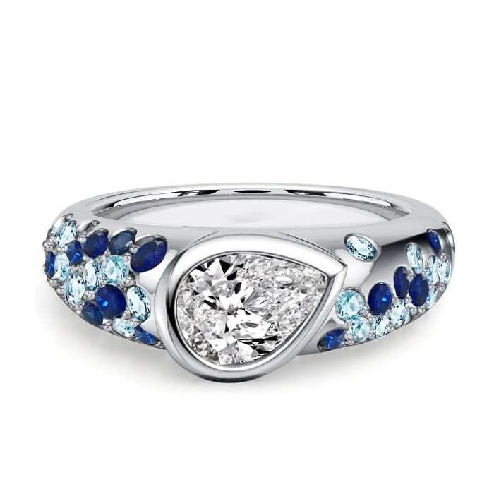 Italo Pear Cut Blue Sapphire Ring Bezel Set Unique Engagement Rings