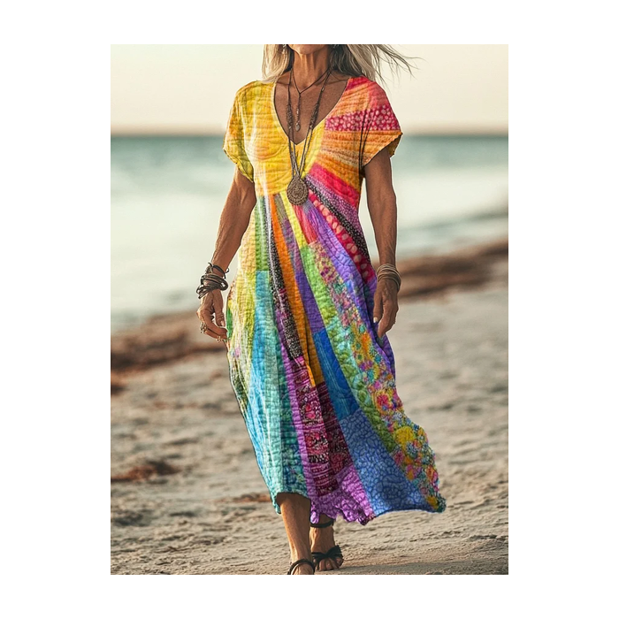 Women's Short Sleeve Summer Floral Printing Dress V Neck Daily Going Out Casual Maxi T-Shirt Dress H-Line Dress