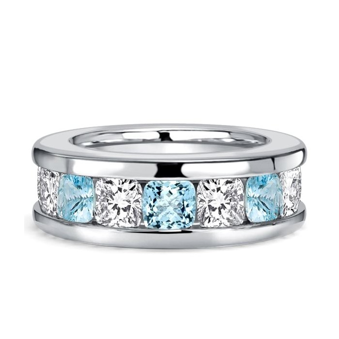 Italo Channel Set 3.5 MM Cushion Cut Aquamarine Wedding Band For Women