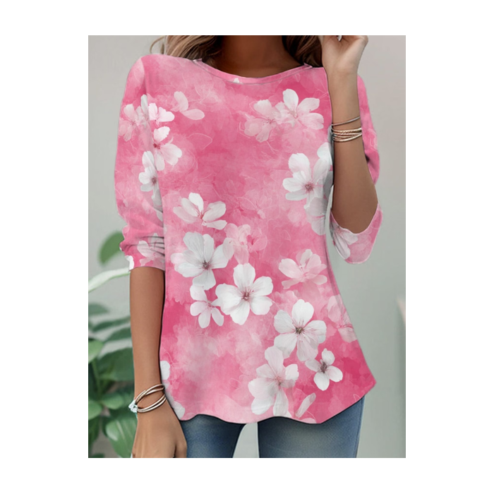 Women Floral Long Sleeve Tee T-shirt Crew Neck Casual Tunic Spring/Fall Top