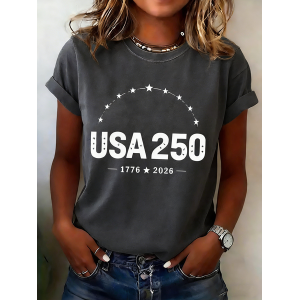 Women USA/US/American Short Sleeve Tee T-shirt Crew Neck Casual Summer Top