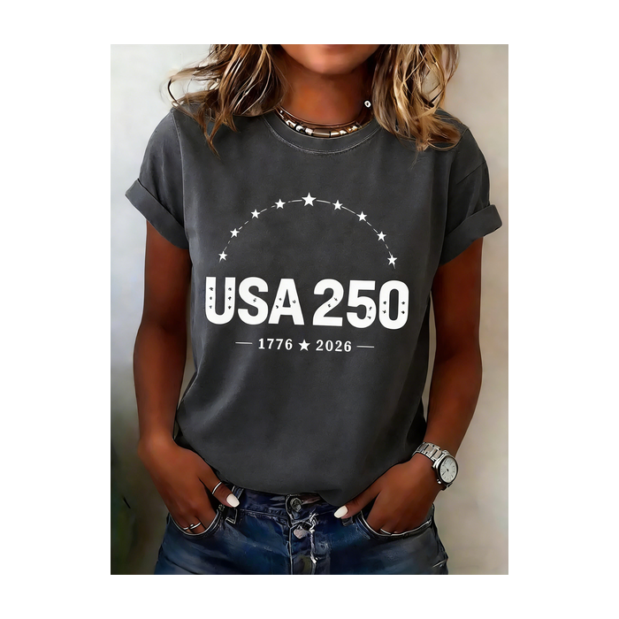 Women USA/US/American Short Sleeve Tee T-shirt Crew Neck Casual Summer Top