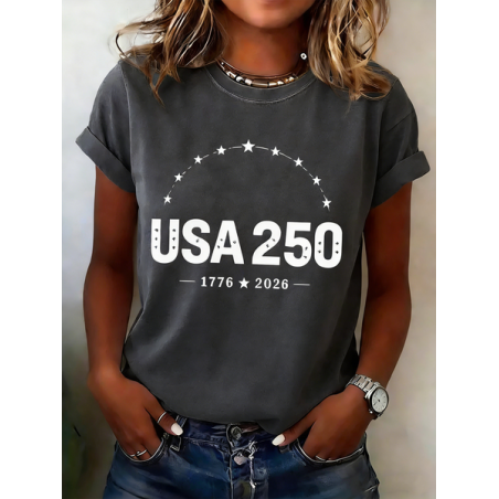 Women USA/US/American Short Sleeve Tee T-shirt Crew Neck Casual Summer Top