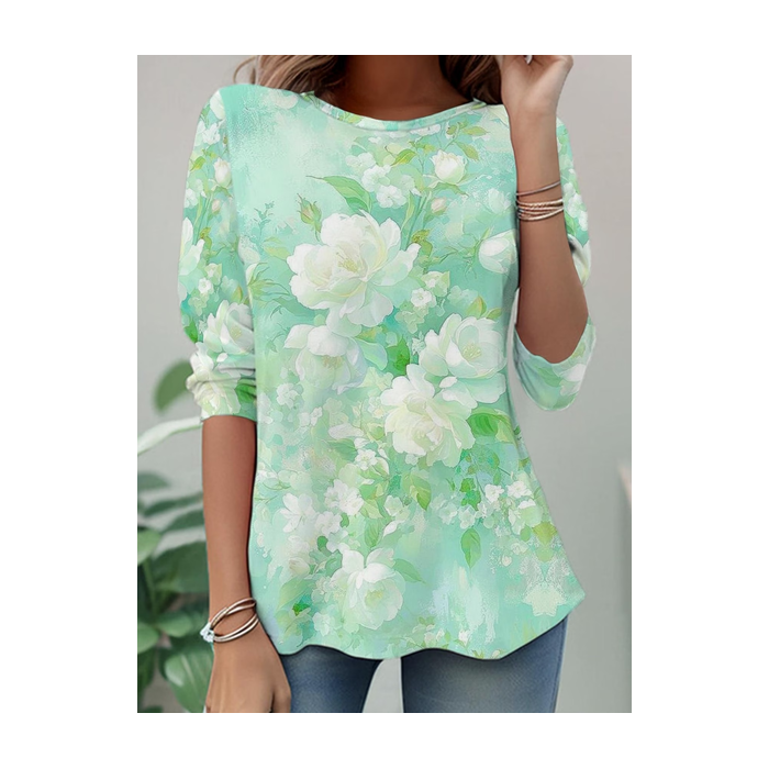 Women Floral Long Sleeve Tee T-shirt Crew Neck Casual Tunic Spring/Fall Top