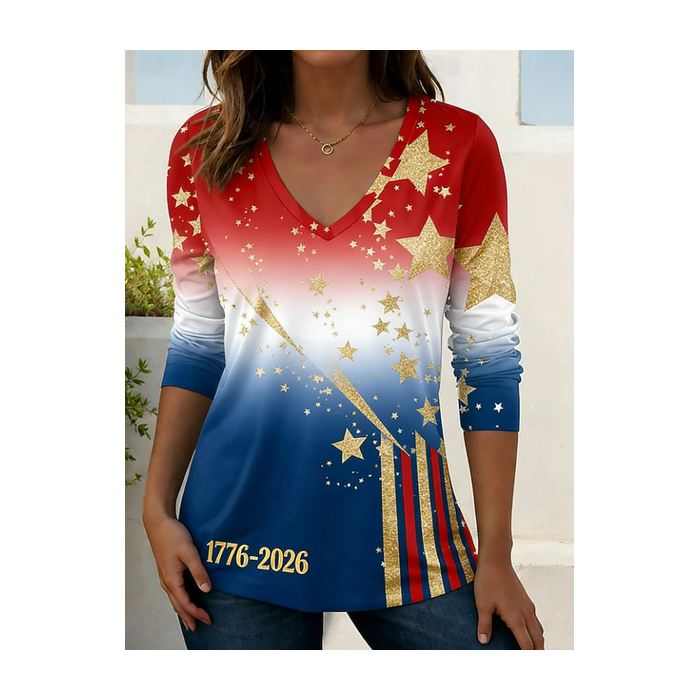 Women Independence Day (Flag) Long Sleeve Tee T-shirt V Neck Printing Casual Graphic Tee Spring/Fall Top