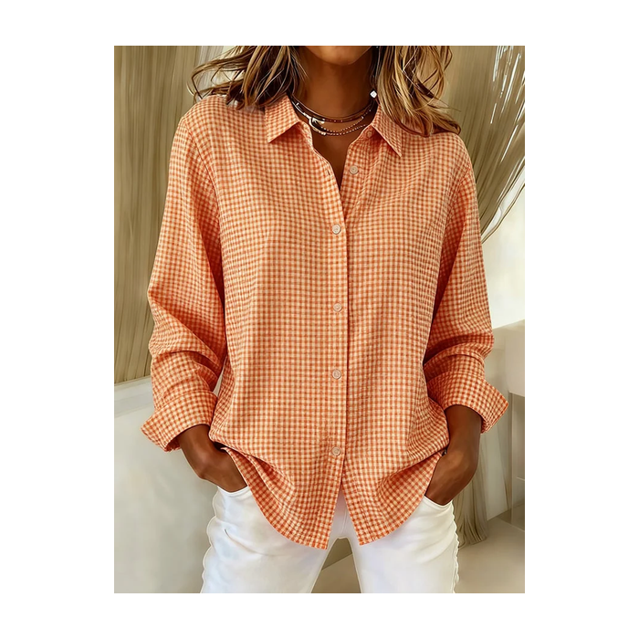 Women Plaid Long Sleeve Shirt Spring/Fall Buckle Shirt Collar Regular Sleeve Daily Casual Top