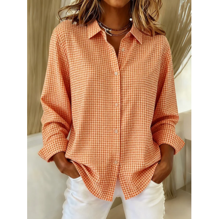 Women Plaid Long Sleeve Shirt Spring/Fall Buckle Shirt Collar Regular Sleeve Daily Casual Top
