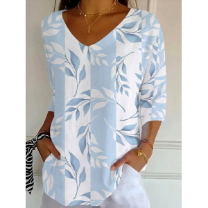 Women Floral Three Quarter Sleeve Tee T-shirt V Neck Printing Casual Graphic Tee Spring/Fall Top