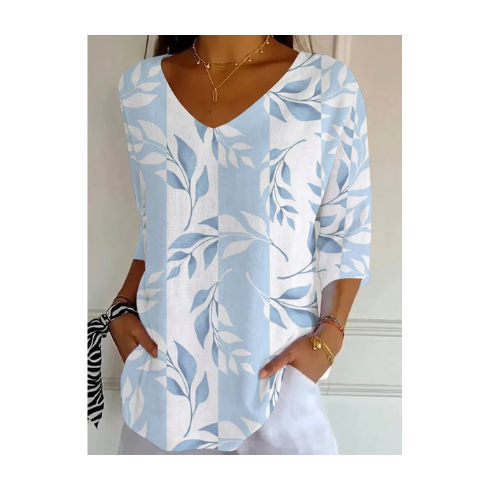 Women Floral Three Quarter Sleeve Tee T-shirt V Neck Printing Casual Graphic Tee Spring/Fall Top