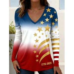 Women Independence Day (Flag) Long Sleeve Tee T-shirt V Neck Printing Casual Graphic Tee Spring/Fall Top