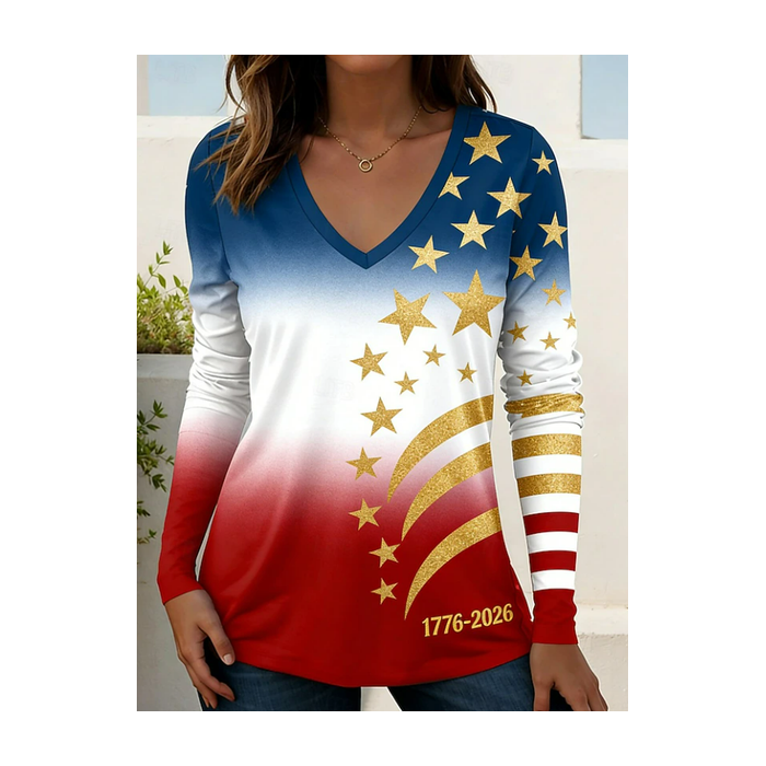 Women Independence Day (Flag) Long Sleeve Tee T-shirt V Neck Printing Casual Graphic Tee Spring/Fall Top