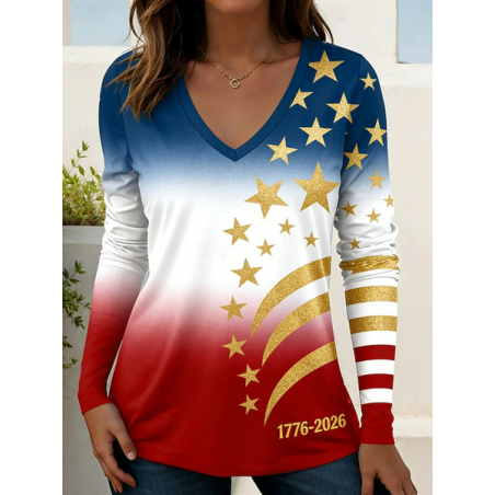 Women Independence Day (Flag) Long Sleeve Tee T-shirt V Neck Printing Casual Graphic Tee Spring/Fall Top