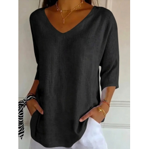 Women Plain Three Quarter Sleeve Tee T-shirt V Neck Printing Casual Graphic Tee Spring/Fall Top