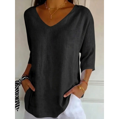 Women Plain Three Quarter Sleeve Tee T-shirt V Neck Printing Casual Graphic Tee Spring/Fall Top