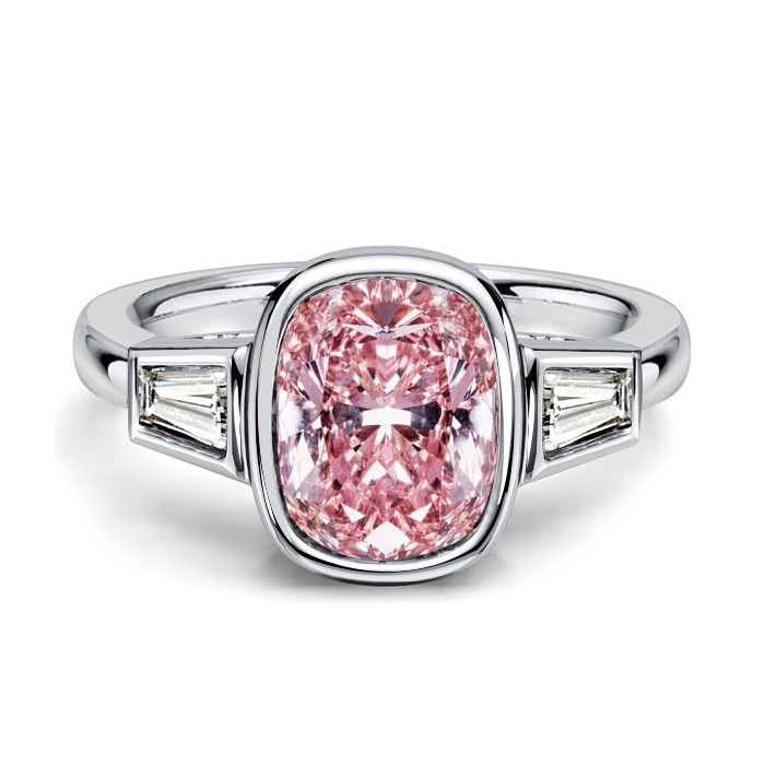 Italo Bezel Setting Pink Sapphire Cushion Cut Three Stone Engagement Ring