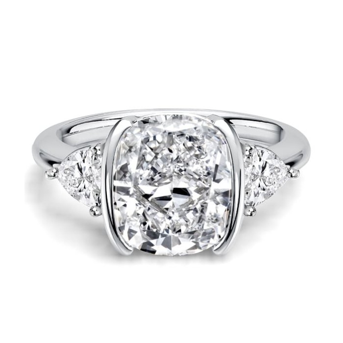 Italo Trillion Side Stone Half Bezel Cushion Cut Three Stone Engagement Ring