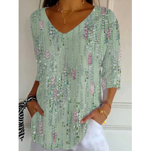 Women Abstract Three Quarter Sleeve Tee T-shirt V Neck Printing Casual Graphic Tee Spring/Fall Top
