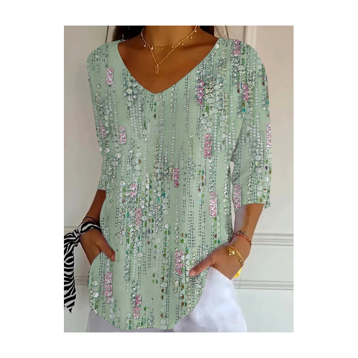 Women Abstract Three Quarter Sleeve Tee T-shirt V Neck Printing Casual Graphic Tee Spring/Fall Top