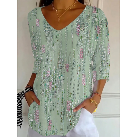 Women Abstract Three Quarter Sleeve Tee T-shirt V Neck Printing Casual Graphic Tee Spring/Fall Top