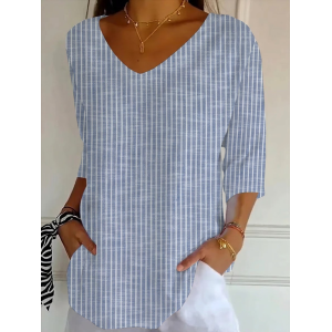 Women Striped Three Quarter Sleeve Tee T-shirt V Neck Printing Casual Graphic Tee Spring/Fall Top