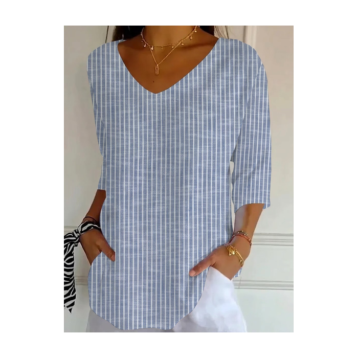 Women Striped Three Quarter Sleeve Tee T-shirt V Neck Printing Casual Graphic Tee Spring/Fall Top