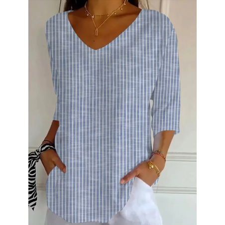 Women Striped Three Quarter Sleeve Tee T-shirt V Neck Printing Casual Graphic Tee Spring/Fall Top