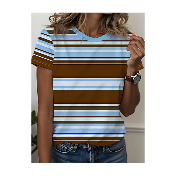 Women Striped Short Sleeve Tee T-shirt Crew Neck Printing Casual Graphic Tee Summer Top